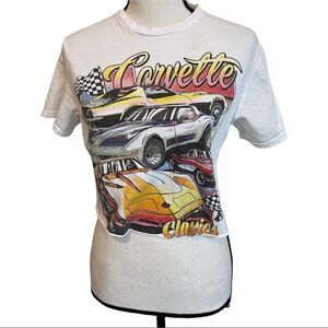 Chemistry Corvette Cropped T-Shirt, White with Multi Color Graphic - Small